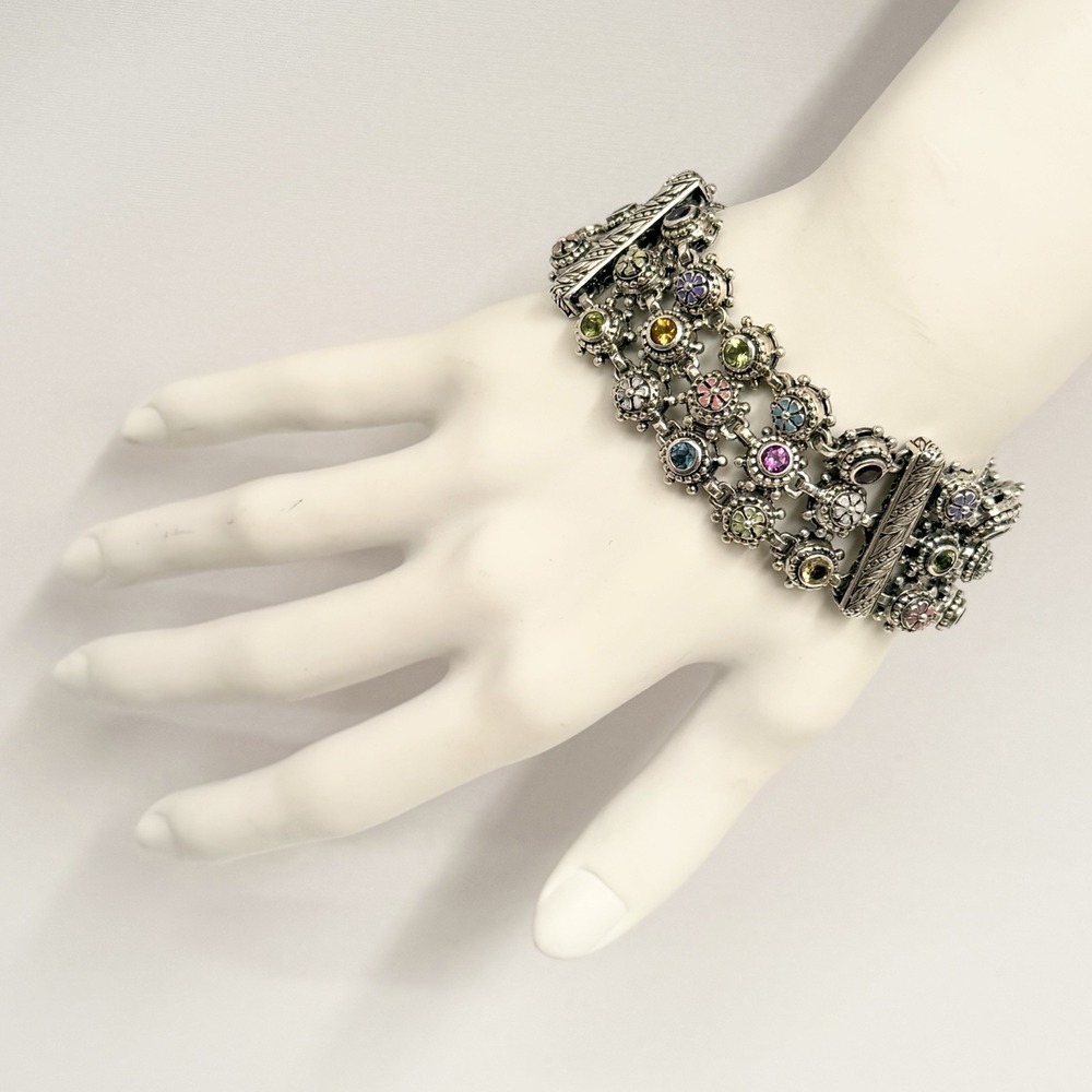 Ned Bowman Sterling 18K Gold 3 Row Multi Gemstone Bracelet 88 Grams 7 3/4" Long